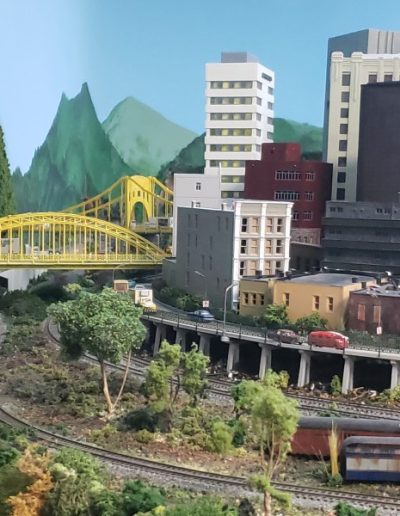 Downtown Pittsburgh is a centerpoint of our layout with several mainlines crossing through this location